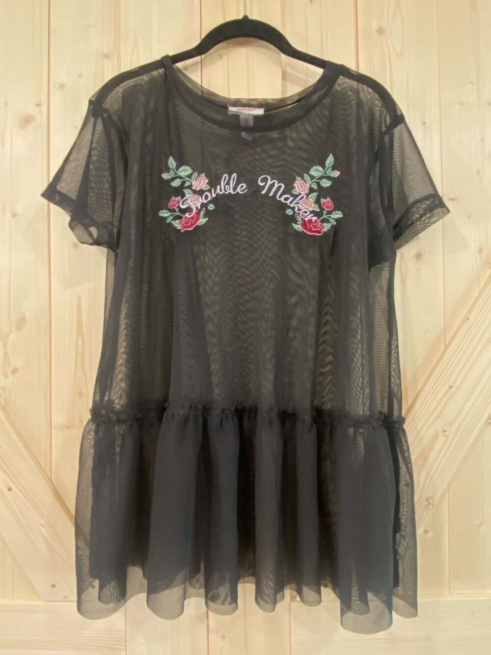 Arizona Jean Company Black Mesh Embroidered Trouble Maker Floral Peplum Top XL